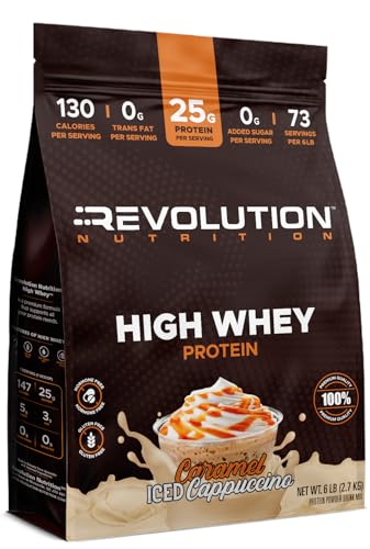 Revolution Nutrition, High Whey, Protein Powder 2LB, Whey Isolate, Gluten Free, Lean Muscle Mass for Men &amp; Women, 25g of Protein Per Scoop, 908 g, 24 Servings (Caramel Iced Cappuccino, 2 Pound)