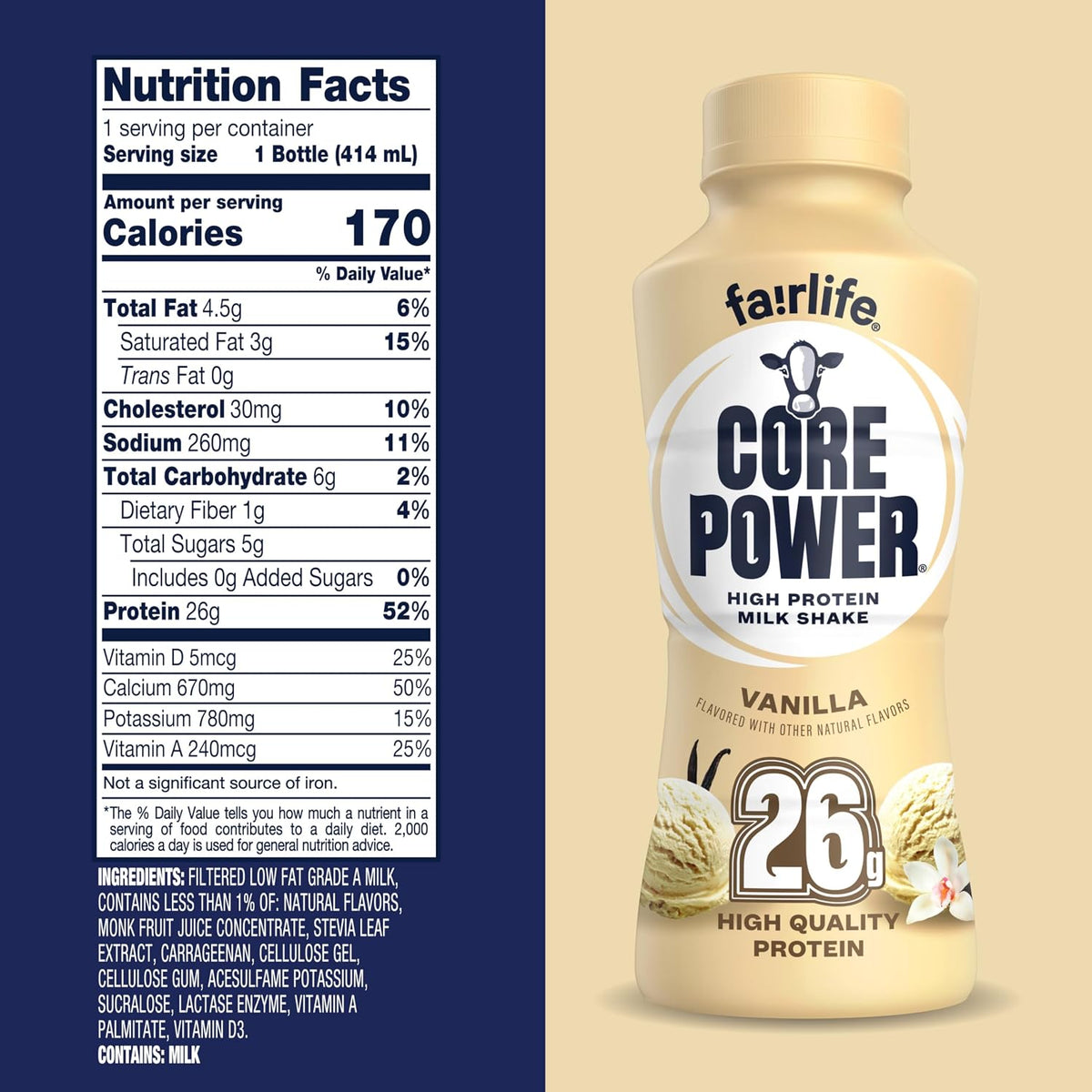 Core Power Protein Shake, Vanilla, 26g Bottle, 14oz